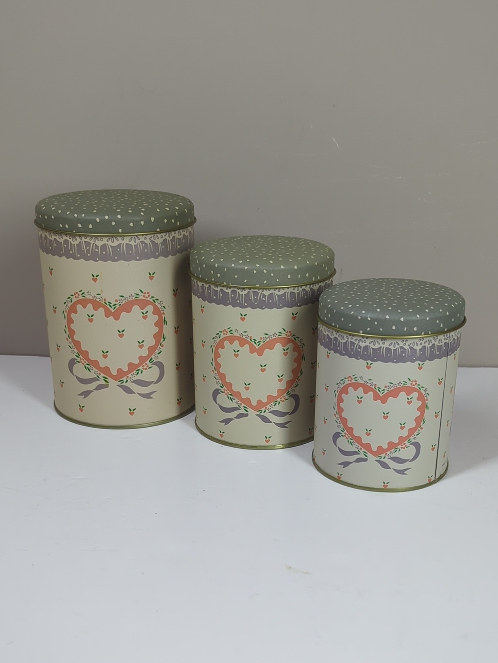 Vintage Set of 3 Decorative Heart Tin Canisters Cottagecore Farmhouse